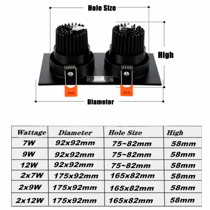사각형 디밍 가능 매립형 LED 다운라이트 7W 9W 12W 14W 18W24W COB 천장 스포트라이트 AC85-265V 실내 조명