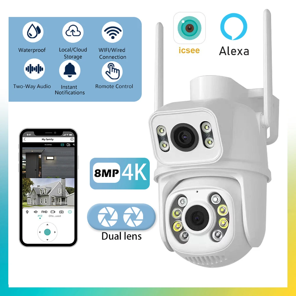 4K 8MP PTZ Wifi Dual Camera Lens with Dual Screen CCTV Ai Human Detect Auto Tracking Wireless Outdoor Surveillance Camera 8ch 4k ultra hd cctv network video security system 8mp poe nvr with 4k auto tracking two way audio wifi ptz ip camera set kits