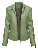 

New Slim Leather Jacket Women Fashion Stand Collar Zipper Outer Wear Tops Solid Color PU Leather Jacket Green JD2281
