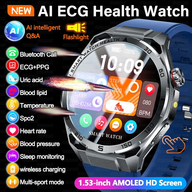 2026 New AI Health Smart Watch 1.53''AMOLED HD Screen ECG Bluetooth Call Uric Acid Blood Fat Heart Rate Monitor Sport Smartwatch 1