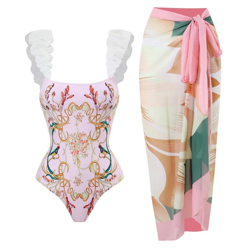 2024New Flying Edge One-Piece Women's Swimwear French Retro Cover Belly Slimming Swimsuit Chiffon Beach Dress