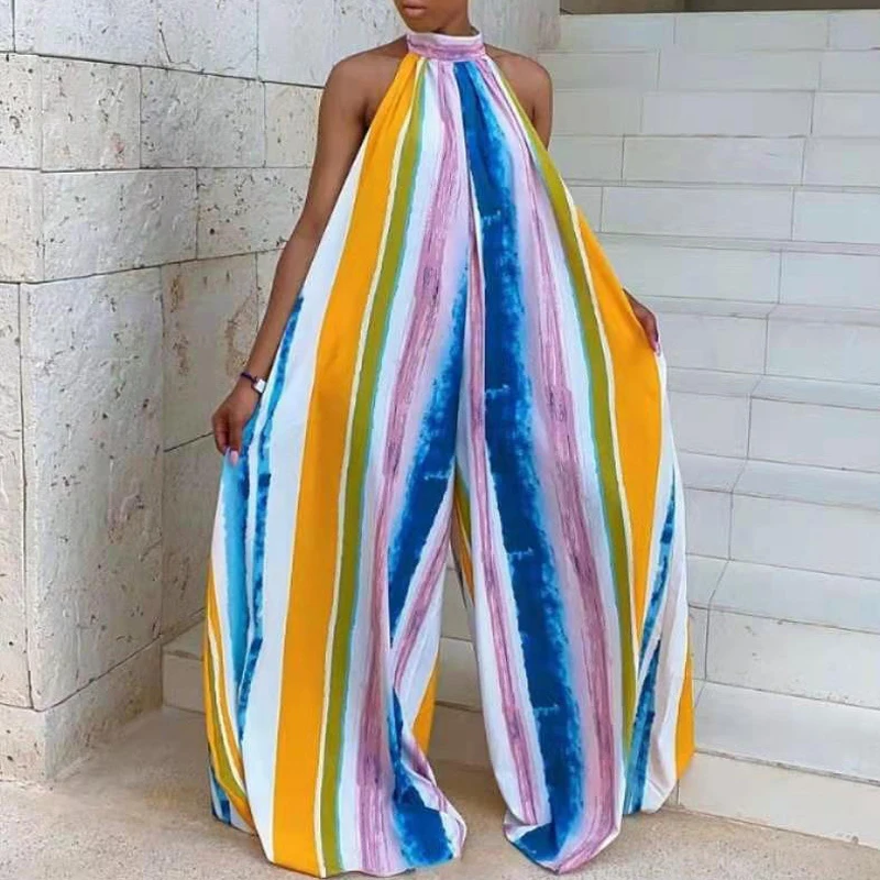 

Fashion Striped Print Pattern Jumpsuit Sexy Sleeveless Neck High Waist Women's Playsuits Vintage Hollow Off-The-Shoulder Suit