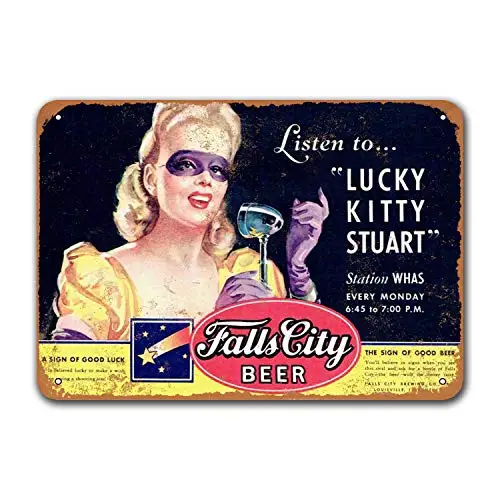 Retro Metal Tin Sign Falls City Beer and Lucky Kitty Stuart WHAS Bar Signs, Plaque Poster Cafe Pub Wall Decor 8x12 inch beer cafe bar pub beer club wall home decor retro 12x8inches additional parking with left arrow funny warning sign for property