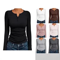 Fashionable Women's Long Sleeve Slim Fit Autumn 2025 Henry Collar T-Shirt Ribbed Basic Style Top for Ladies