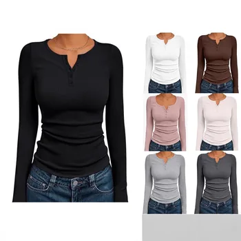 Fashionable Women's Long Sleeve Slim Fit Autumn 2025 Henry Collar T-Shirt Ribbed Basic Style Top for Ladies 1