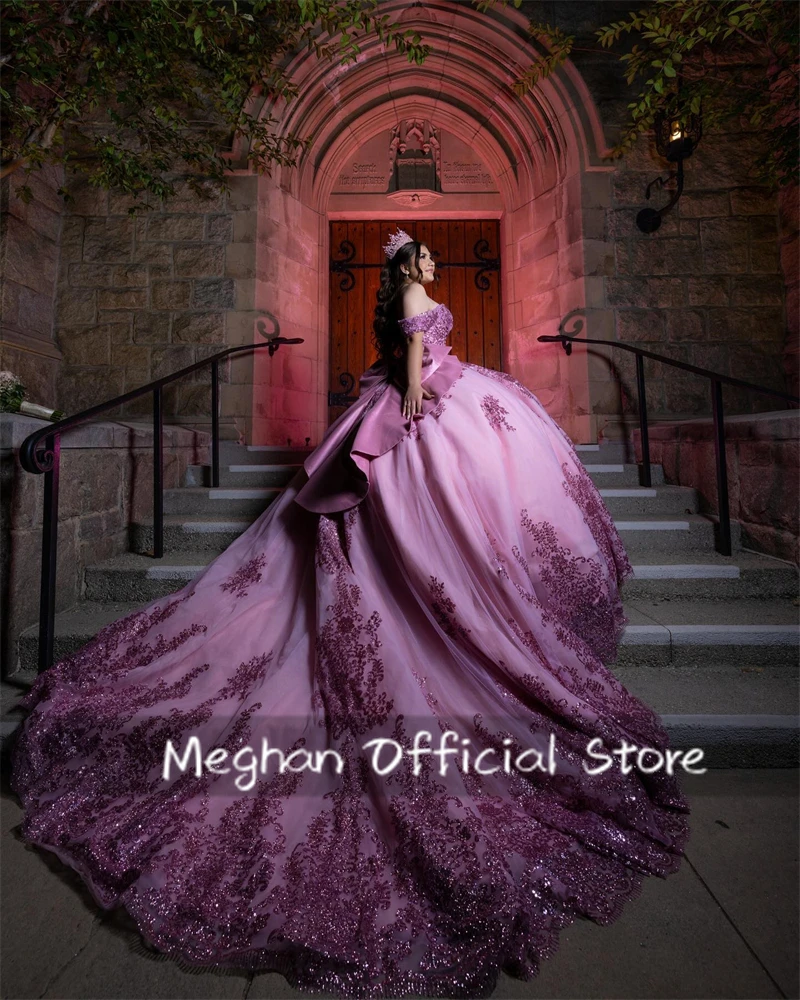 Pink Off Shoulder Bow Quinceanera Dress Ball Gown Bead Appliques Birthday Luxury Dress Sequin Graduation Gown Customized