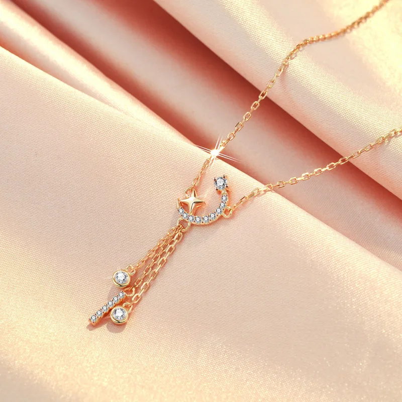 

Necklace Women's S925 Sterling Silver Rose Gold Plated Star Moon Tassel Clavicle Chain Graceful Online Influencer Fashion Color