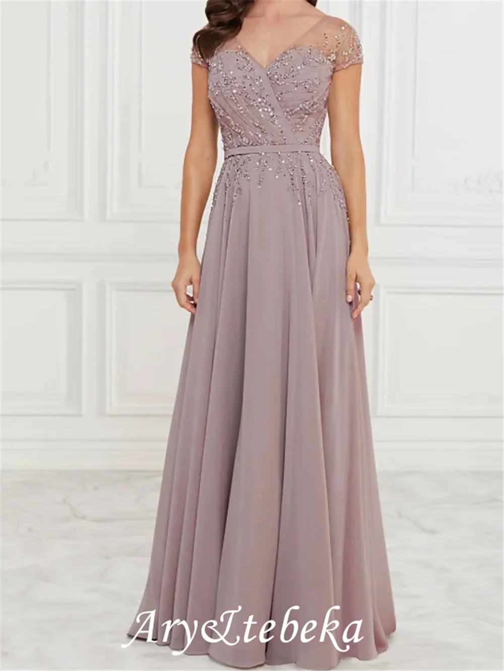 A-linie Mutter der Braut Kleid Elegante V-ausschnitt Bodenlangen Chiffon Spitze Kurzarm mit Falten Pailletten