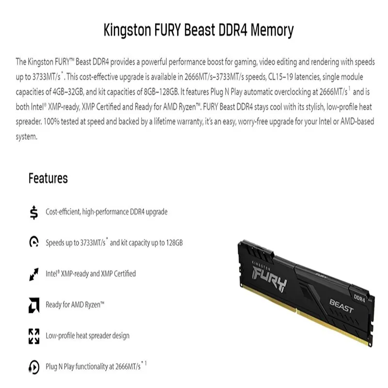 Desktop Ram Memory Kingston Desktop Memory RAM DDR4 FURY BEAST 16GB 8GB 3200MHz 3600MHz Dimm Memoria Rams PC4 Gaming Memory Support Motherboard