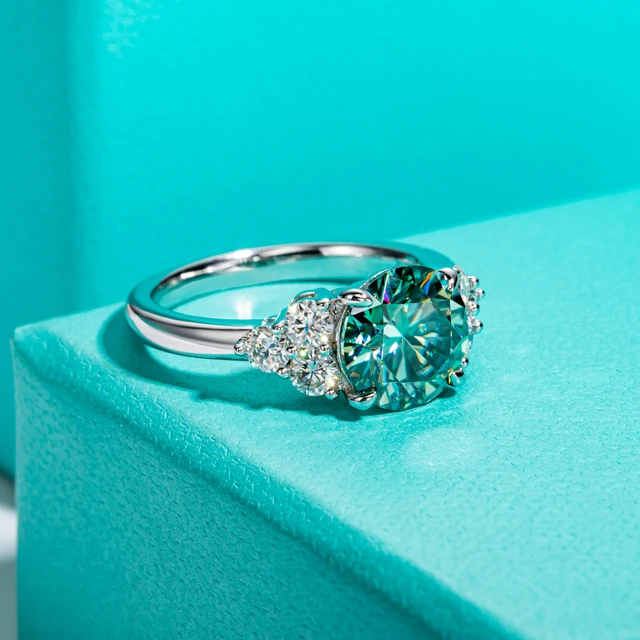 AnuJewel 3ct Round Cut Blue Green Color Moissanite Engagement Ring