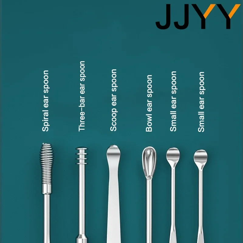 JJYY 6pcs/set Ear Wax Pickers Stainless Steel Earpick Wax Remover Curette Ear Pick Cleaner Ear Cleaner Spoon Care Ear Clean Tool