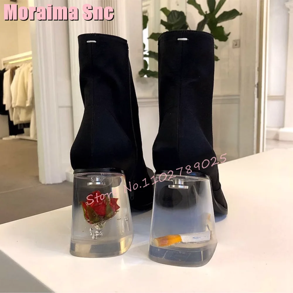

Unique Clear Block Heel Ankle Boots Square Toe Side Zipper Women Chelsea Boots Black Solid Patent Leather Autumn Winter Fashion