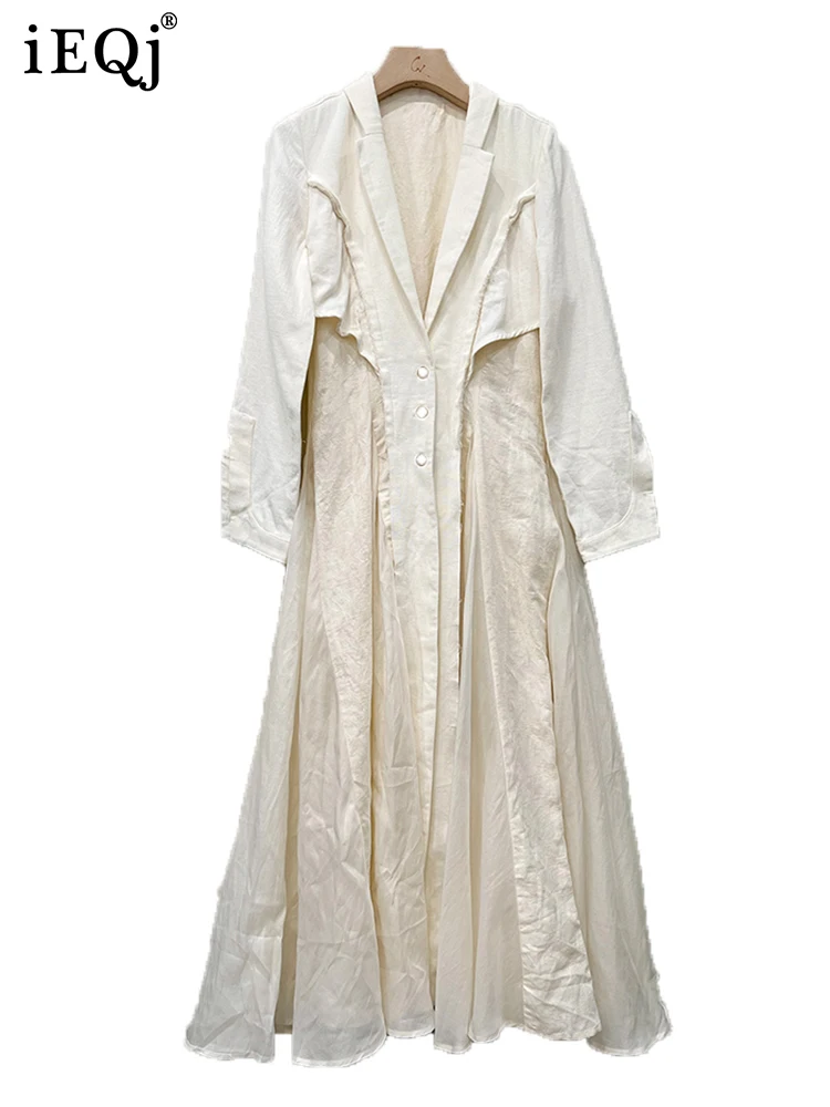 30520-97bf54.jpg IEQJ 2023 Autumn Trench Coat Waist Cut Solid Jacquard Linen Cotton Big Swing Single Breasted Jackets Women Clothes 3W6617 - Image 1