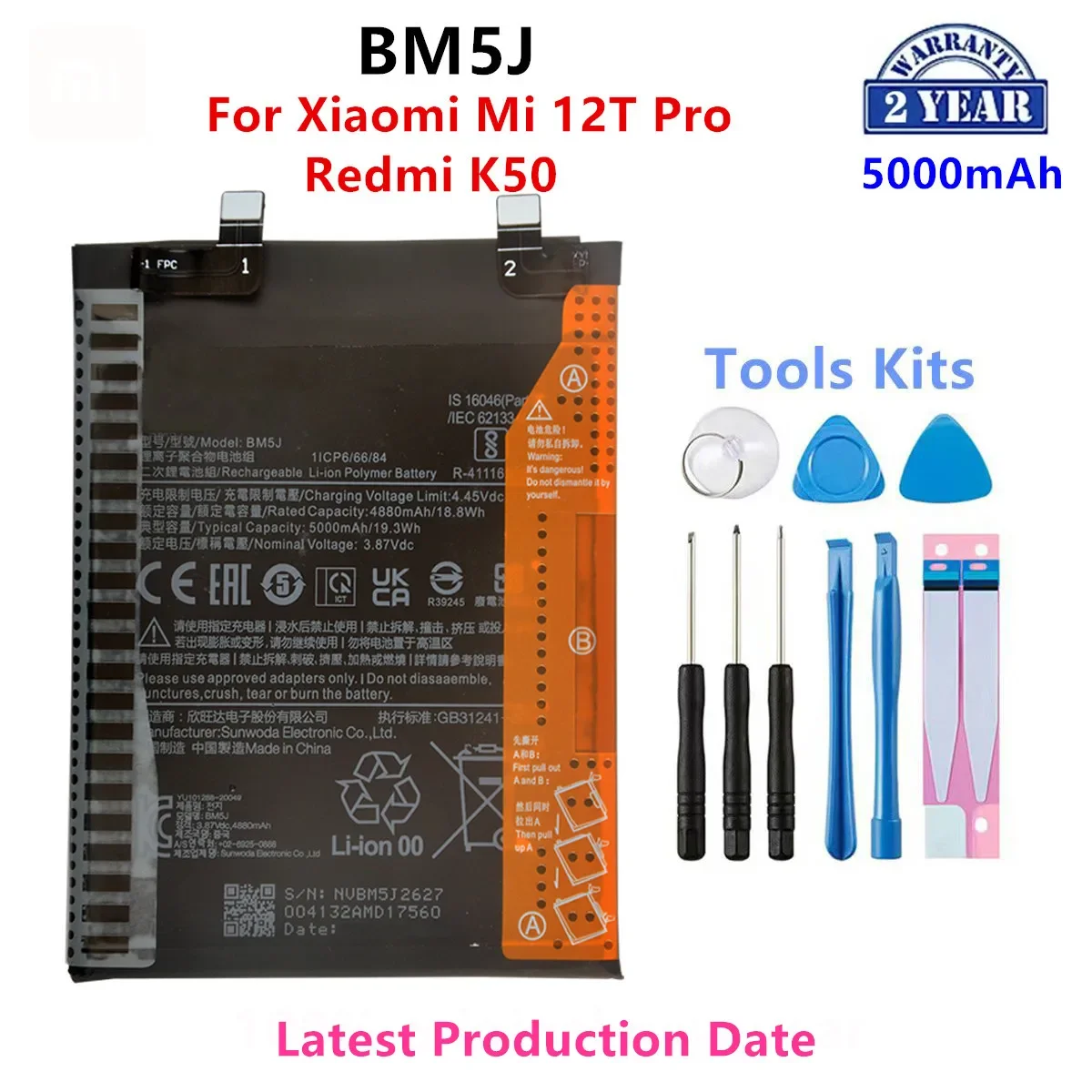 

100% Orginal BM5J 5000mAh Battery For Xiaomi Mi 12T Pro /Redmi K50 Phone Replacement Batteries+Tools