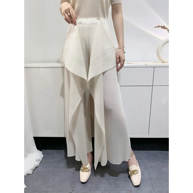 Miyake Pleated Pants Women's Wide Leg Pants Loose Design Fashion Niche Irregular Comfortable Casual 2023 Summer New Trousers