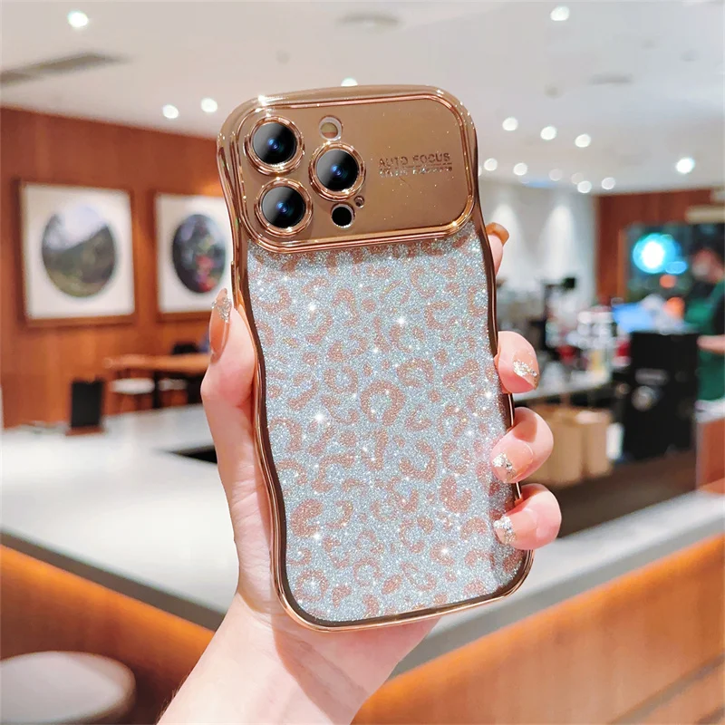 Curved Frame Glitter Leopard Pattern Plating Case For iPhone 15 14 13 12 11 Pro Max Lens Protect Shockproof Soft Cover_voghion.com