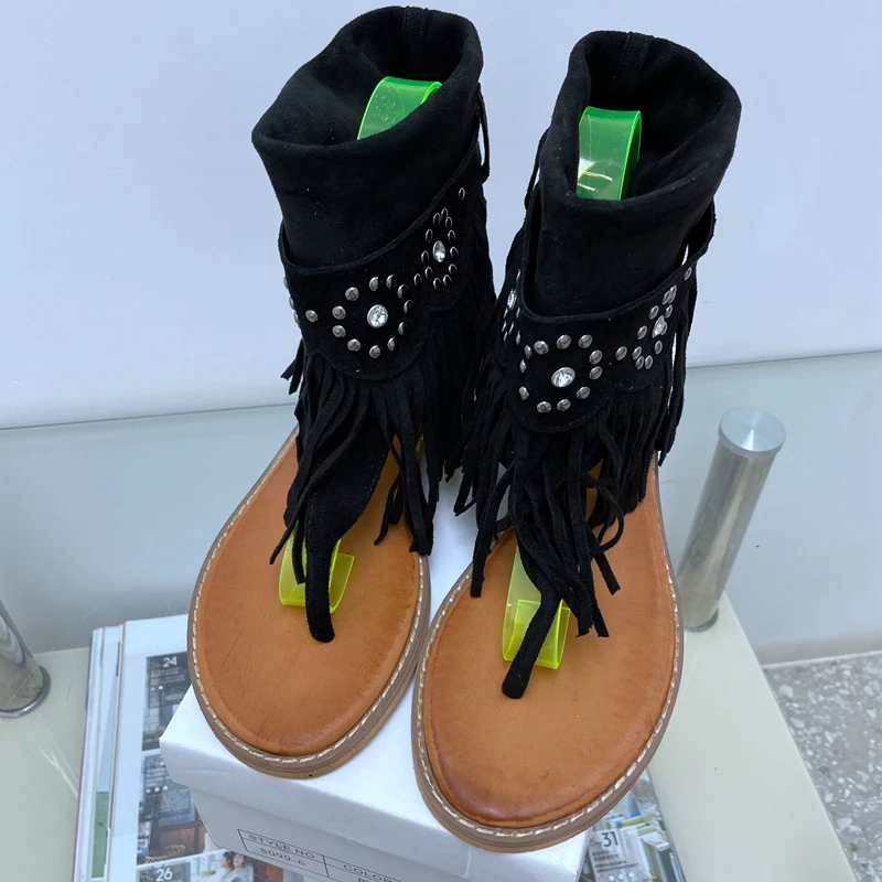 

Women's High-Top Flip-Flops Low-Heel Sandals Women's Roman Shoes With Tassels And Tivets Flat Sandals