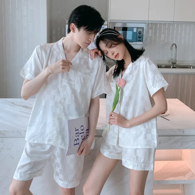 Quality Satin Checkered Pajamas Suit Women Spring Autumn Couple Sleepwear Summer Men Ice Silk Short Sleeve Home Wear Female Male