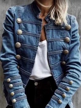 Women's Vintage Double Breasted Denim Jacket Slim Fit EuroAmerican Style Autumn Commuter Coat Casual Elegant Versatile Outerwear 1