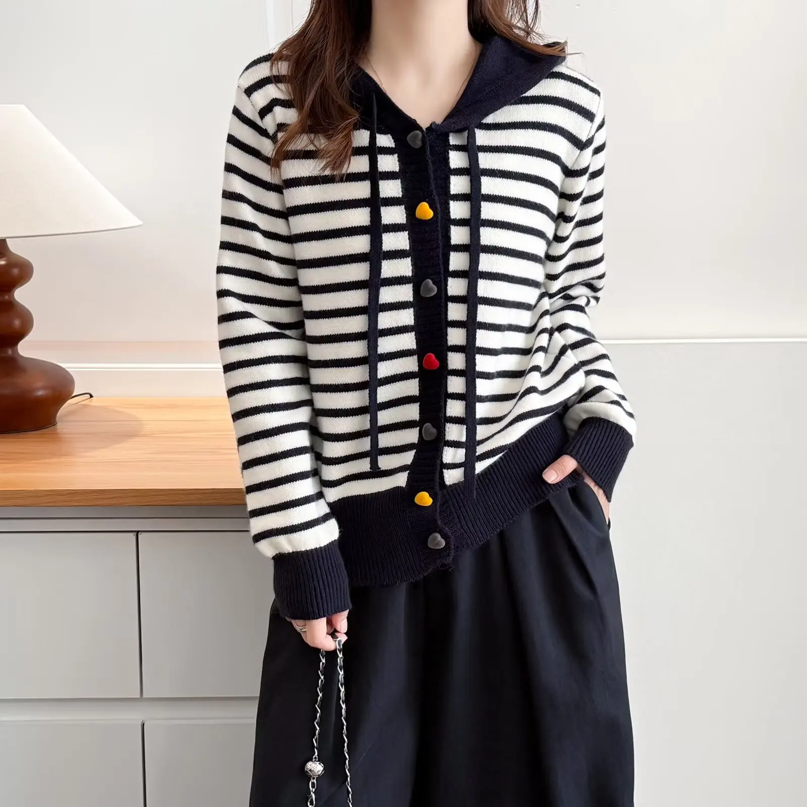 XXXL Fashion Plus Size Women's Knitted Sweater New Autumn Winter Style Of Colorful heart-shaped Buckle Striped Hooded Cardigan