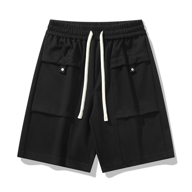 Solid Color Men's Summer Pockets High Waisted Elastic Casual Sports Straight Cargo Bandage Knee Pants England Style Shorts