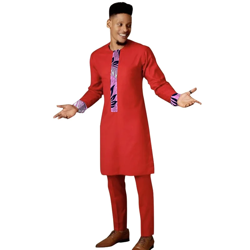 

African Clothes Red Men's Sets Patchwork Tops With Solid Pants Nigerian Fashion Male Hand Made Tradition Wedding Outfits