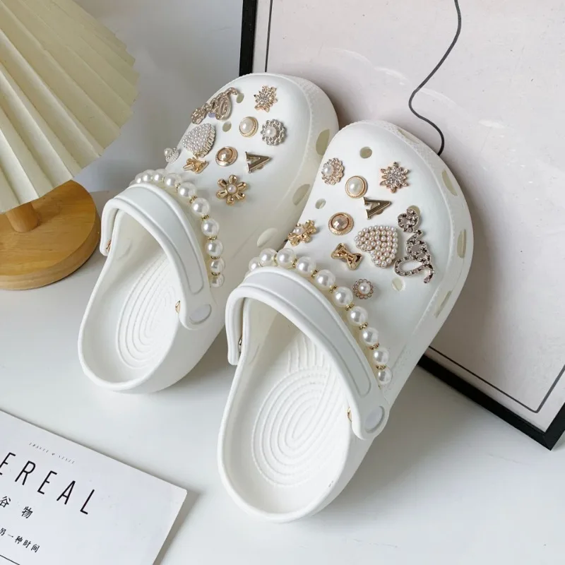 22PCS Luxury Designer Shoe Charm for Crocs DIY Metal Pearl Chain