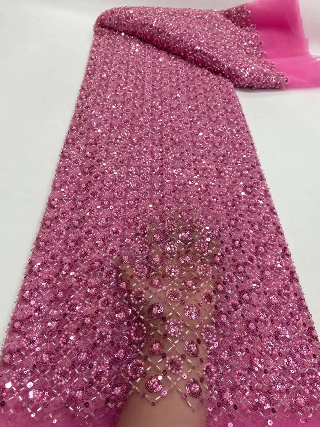 

Pink African Groom Lace Fabric 2023 High Quality 5 Yards Nigerian Sequins French Tulle Fabric Material For Wedding Party Sewing