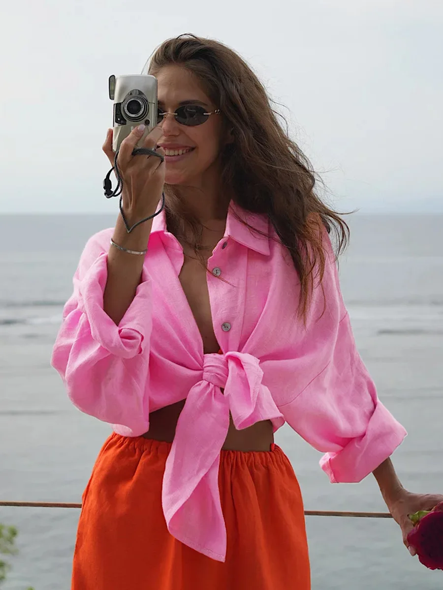 Bornladies 100% Cotton Spring Summer Versatile Lazy Casual Shirt Women's Fashionable Solid Color Loose Shirt Cardigan Shirt