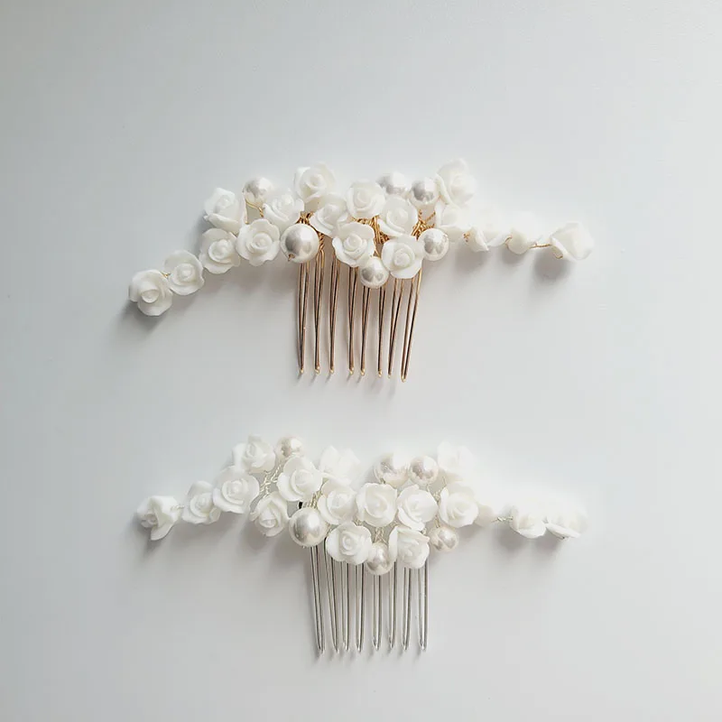 

SLBRIDAL Handmade Crystal Rhinestone Pearls Ceramic Flower Bridal Hair Comb Wedding Hair Accessories Bridesmaids Women Jewelry