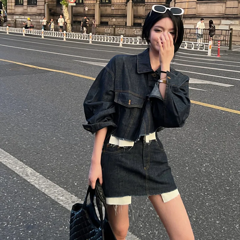 

Korean Fashion Early Spring New Product Retro Street Style High Waisted A-line Skirt+denim Top Short Jacket Two-piece Set