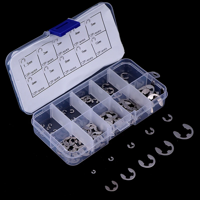 

120Pcs/lot 304 Stainless Steel Stainless Steel E Clip Washer Assortment Kit Circlip Retaining Ring For Shaft Fastener M1.5~M10