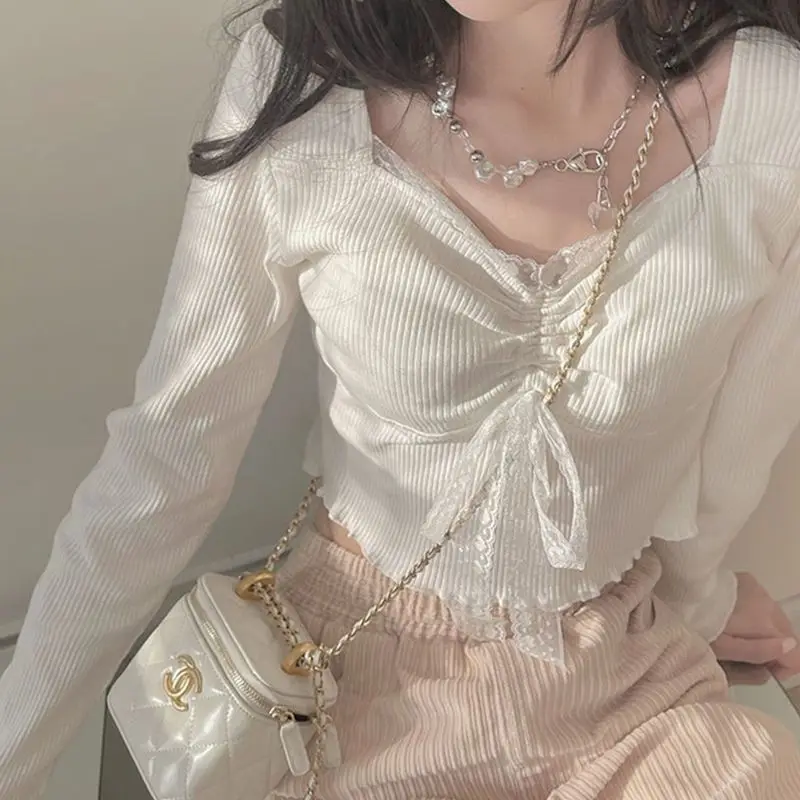 

Solar System Pure Desire Lace Long Sleeved Women Spring Design Sense Niche Shirring Square Neck Solid Color Knitting T-shirt
