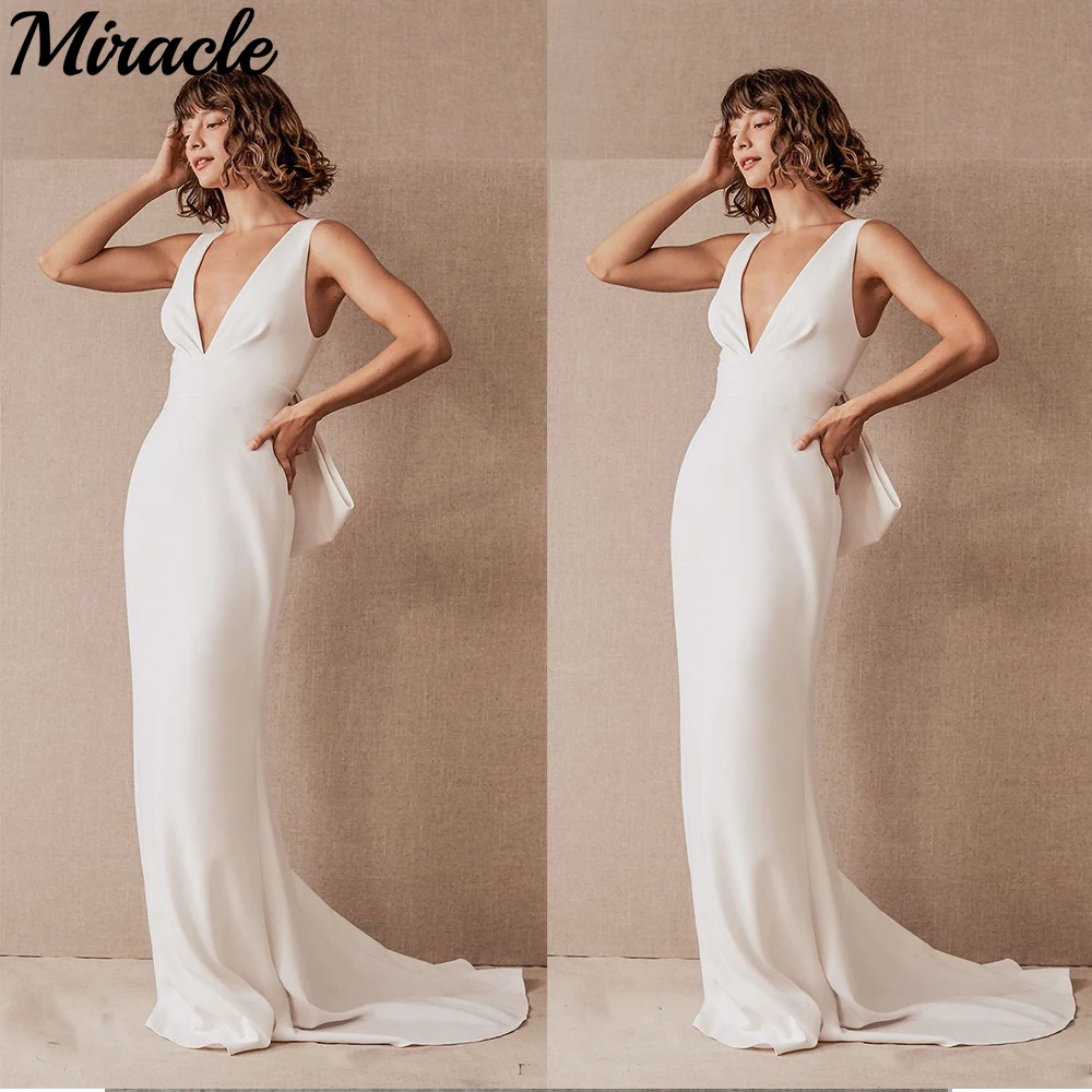 

New V-Neck Wedding Dress Classical Mermaid Trumpet Bridal Gown Sleeveless Wedding Bride Robe Sexy Bow Backless Vestidos De Novia