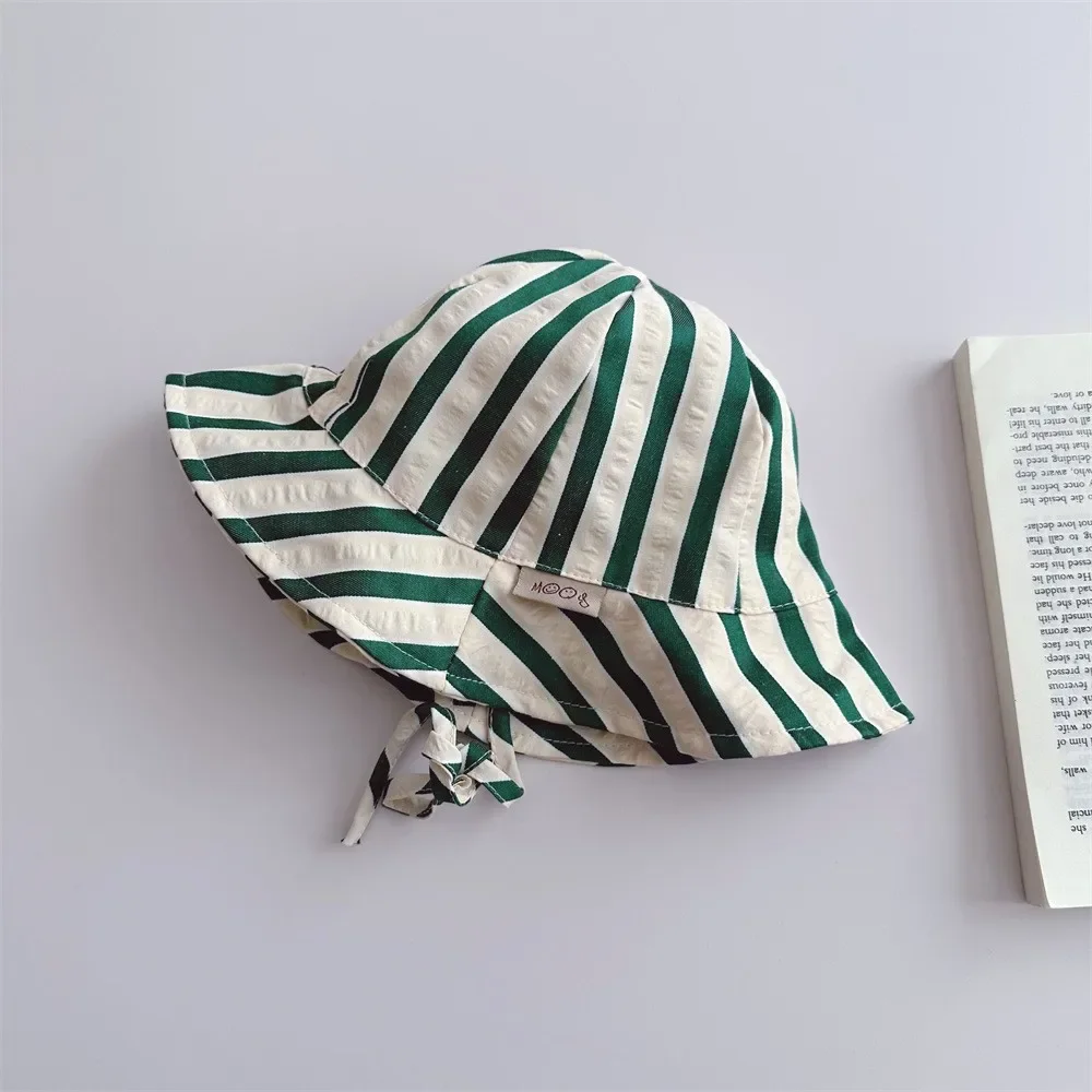 New Boy Children Striped Lacing Fisherman's Cap Girl Baby Solid Casual Sunscreen Hat Infant Cotton Caps Kid Windproof Basin Hats 6