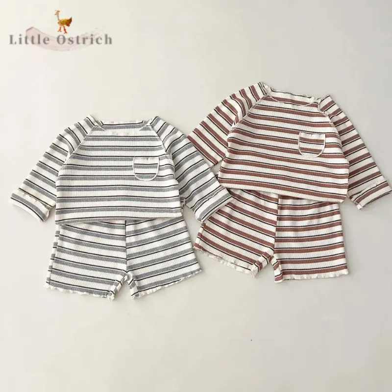 Baby Girl Boy Cotton Stripe Clothes Set Camicia + Shorts Infant Toddler Child Manica Lunga Abbigliamento Suit Homesuit Baby Clothes 12M-7Y