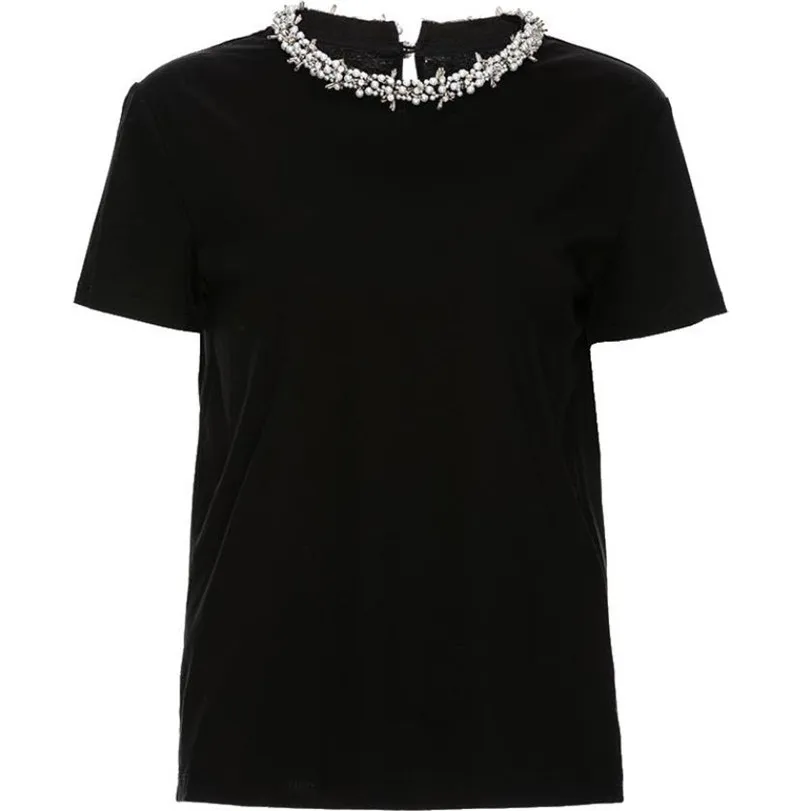 

2023 Summer New Mercerized Cotton Beaded Mesh T-shirt for Women Handmade Stitched Diamond Short Sleeve Top Female Blouse Y4086