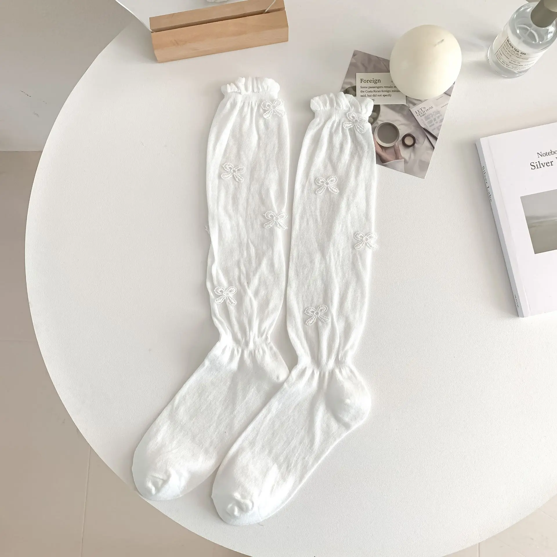 Women's Summer Ballet-Style Knitted Bow Socks - Breathable Micro Permeable Calf-Length with Bubble Top