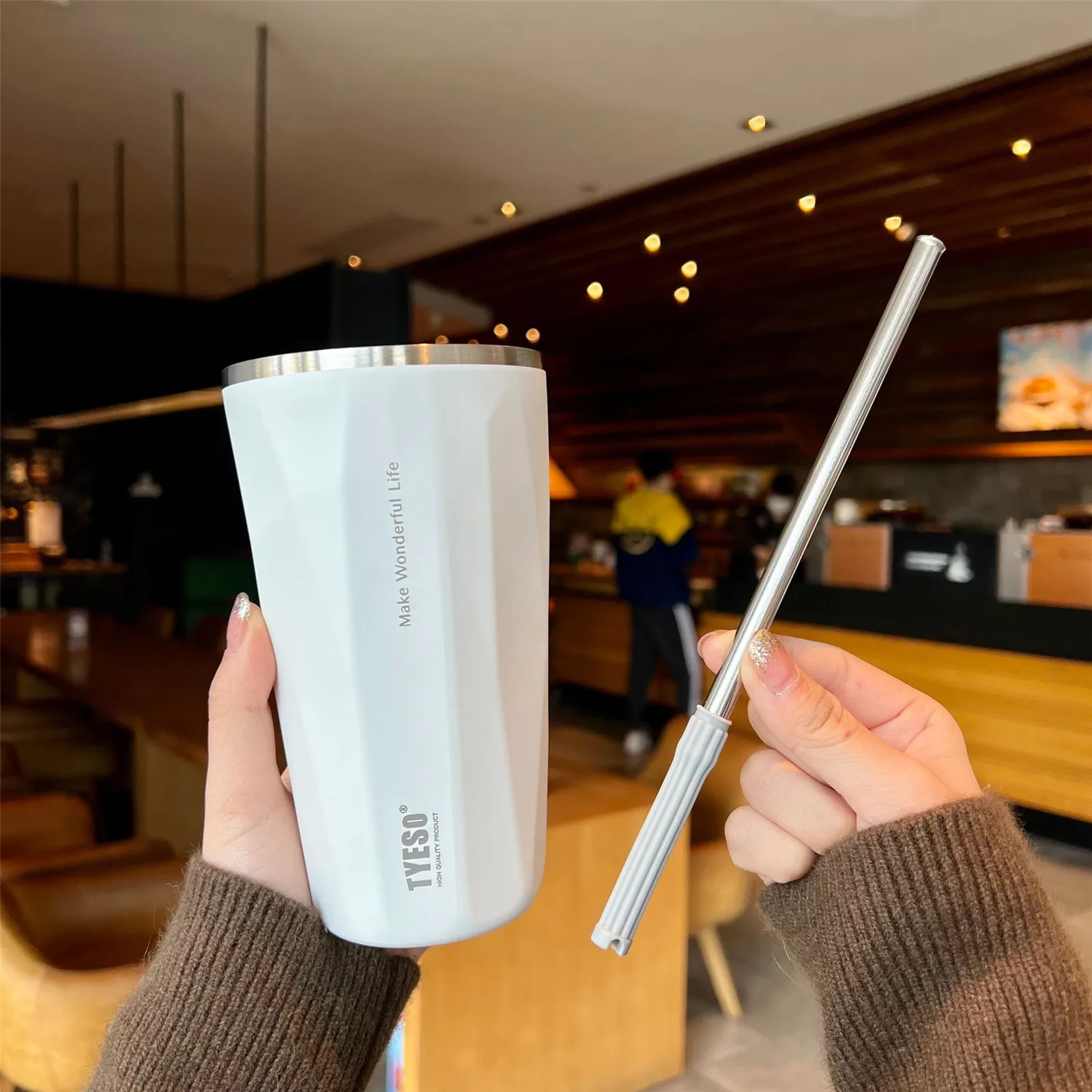 Tyeso Vacuum Insulated Coffee Cup With Straw Thermos Mug Leak-Proof 600Ml