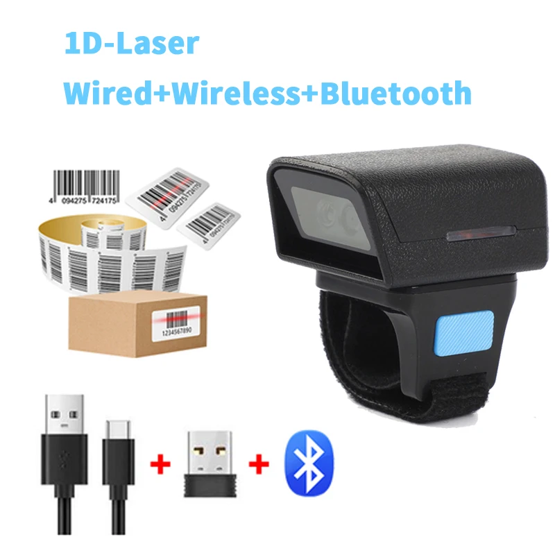 Portable Finger Trigger 1D Laser Indossabile Scanner Di Codici A Barre Ad Anello Bluetooth 2.4G Connessione Cablata Usb Wireless Per Il Magazzino Del 
