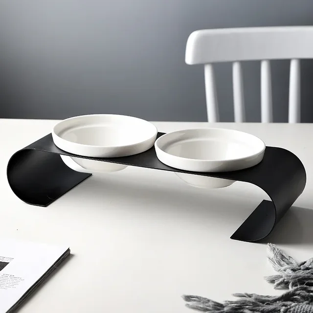 Pet Supplies High Footed Ceramic Bowl Cat Food Double Bowl with  Iron Frame