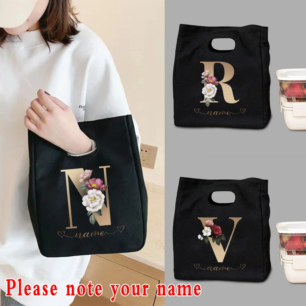 

Thermal Lunch Box Custom Name Gold Letter Series Black Handbag Lunch Bags for Women Portable Kids Cooler Bag Food Tote Bag