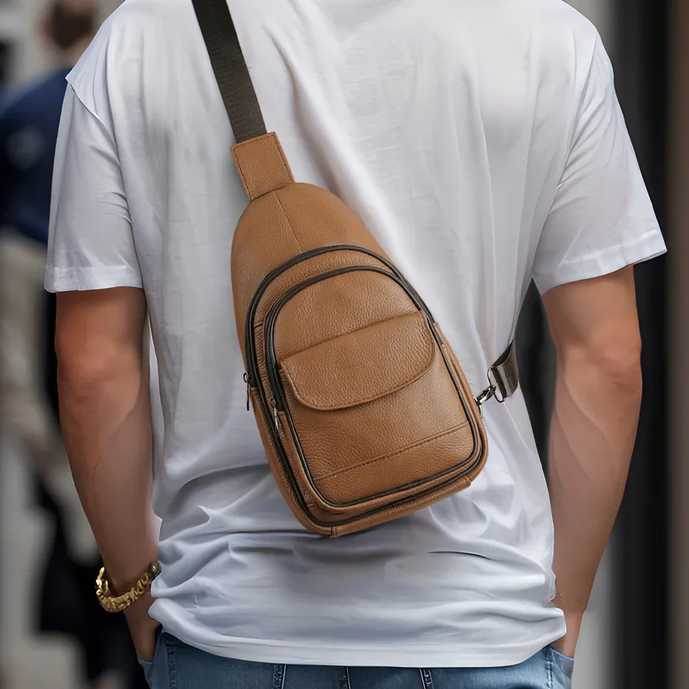 

Genuine Leather Large Capacity Chest Bag for Men, Crossbody Shoulder Bag with Multi-functional Pockets, Top Grain Cowhide