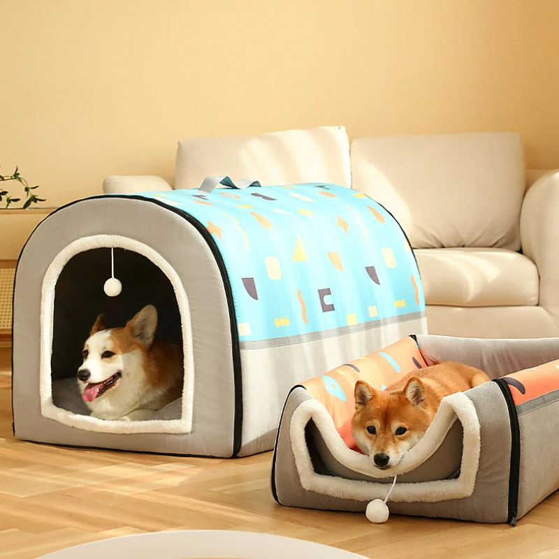 

Large Cat Bed with Fluffy Ball Hanging and Scratch Pad Double Layered Foldable Cat Beds for Indoor Cats Sleeping All Seasons