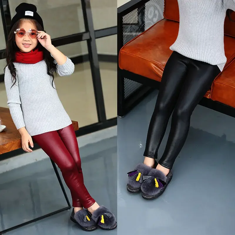 Baby Girls Winter Leather Leggings 3-12 Yrs Solid Skinny Boys Pants Flannel Warm PU Pencil Kids Pants Children Trousers girls pants boys pants kids pants girls trousers