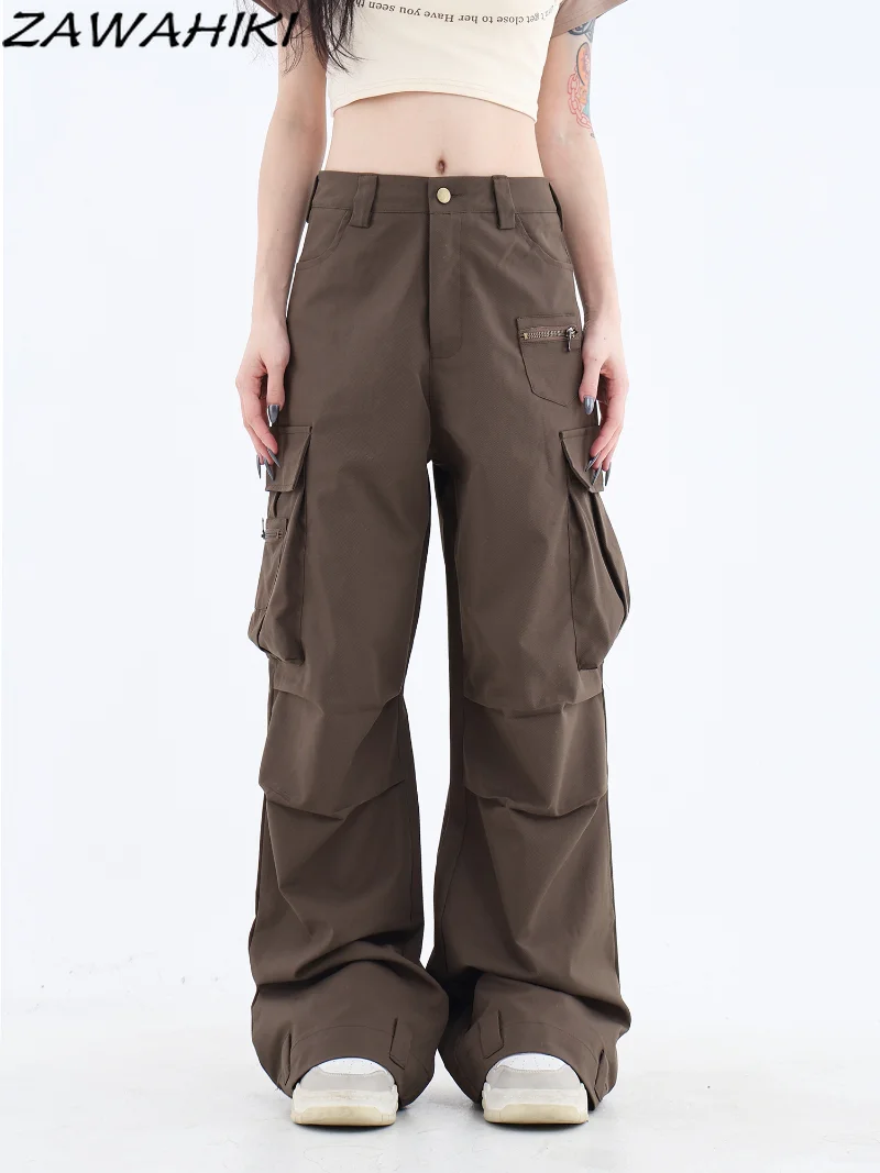 

Chic Fashion Multiple Pockets High Street American Solid Color Cargo Pants Loose Vintage All Match Wide Leg Casual Teens Trouser