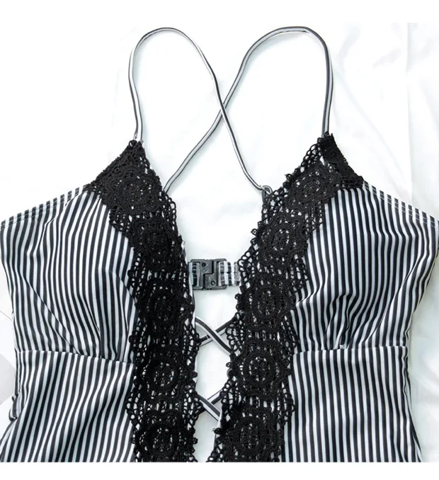 Fashion Women's Vintage Lace Deep V Neck Beach Bikini One-piece Striped Swimsuit Dropshipping
