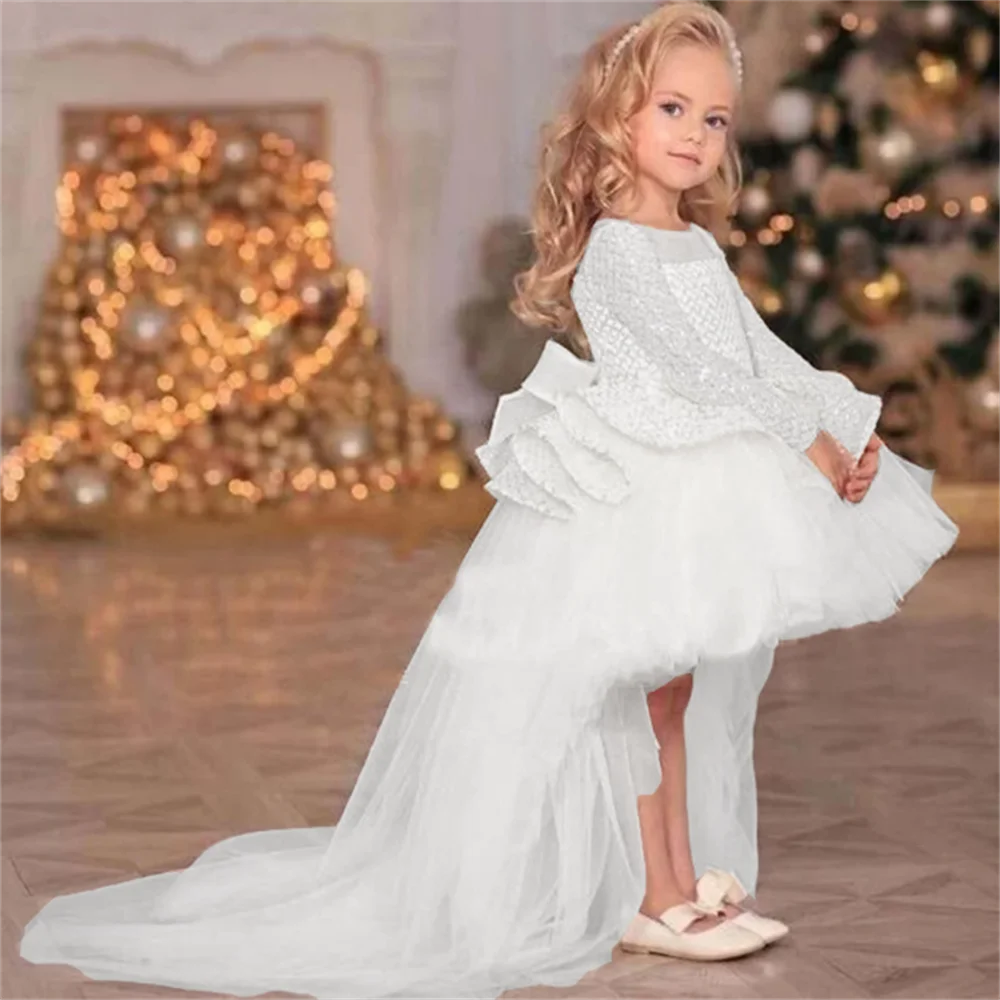 

White Tulle Puffy Flower Girl Dresses Sequin Top With Tailing Bow Long Sleeve For Wedding Birthday Party First Communion Gown