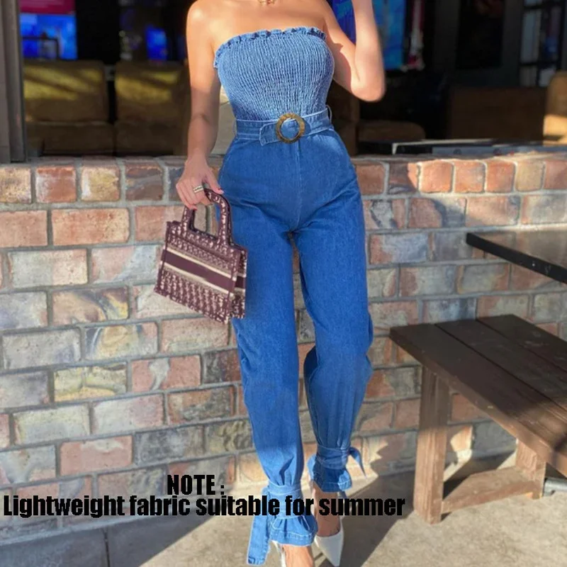 Sexy Off Shoulder Ruffles Bodysuits with Belt Bohemian Casual Fashion Blue Strapless Long Jumpsuits Workout Overalls 2024 Summer