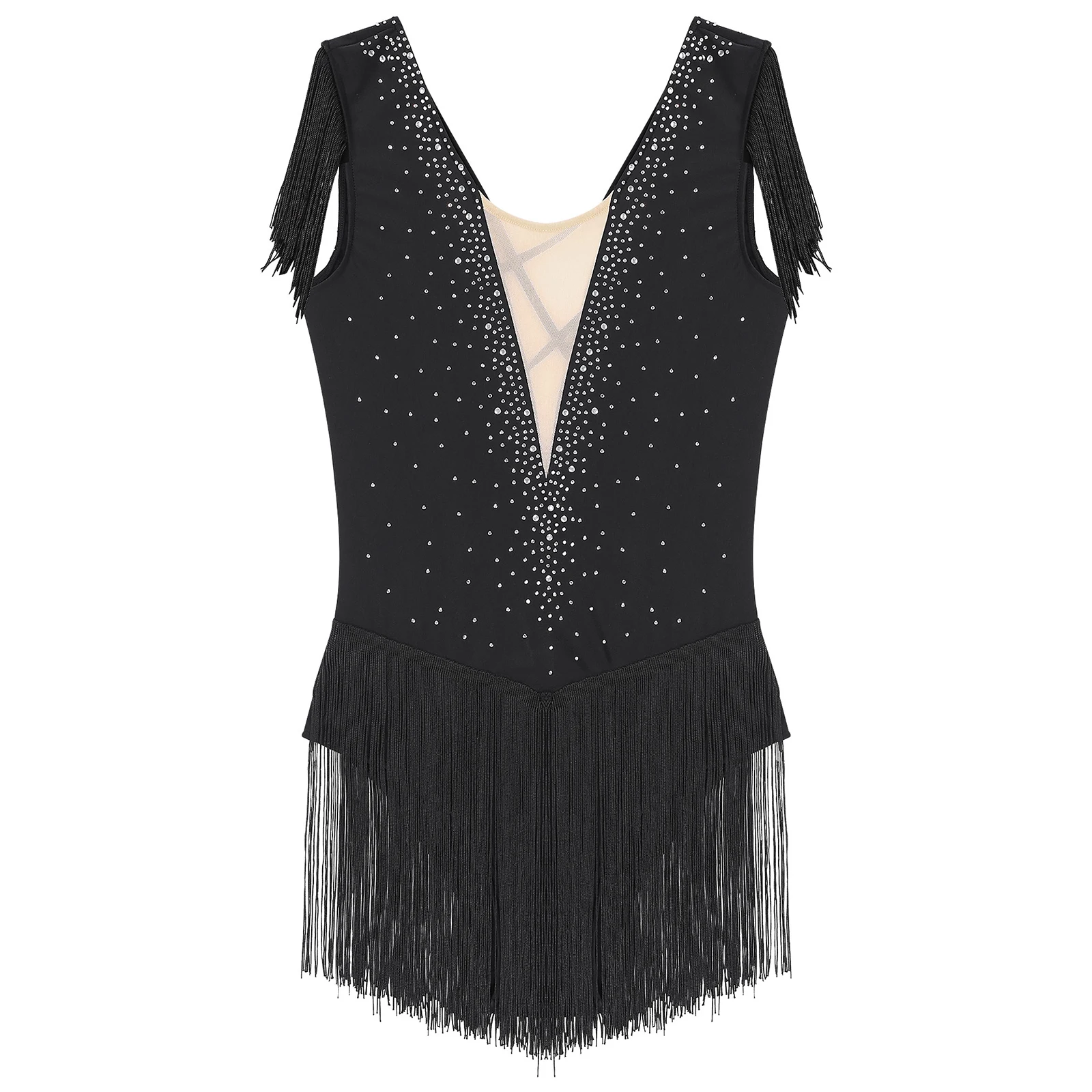 여성용 피겨 스케이팅 댄스 대회 의상, 샤이니 라인스톤 태슬 스커트, 레오타드 바디 슈트, 차차 삼바 라틴 댄스웨어